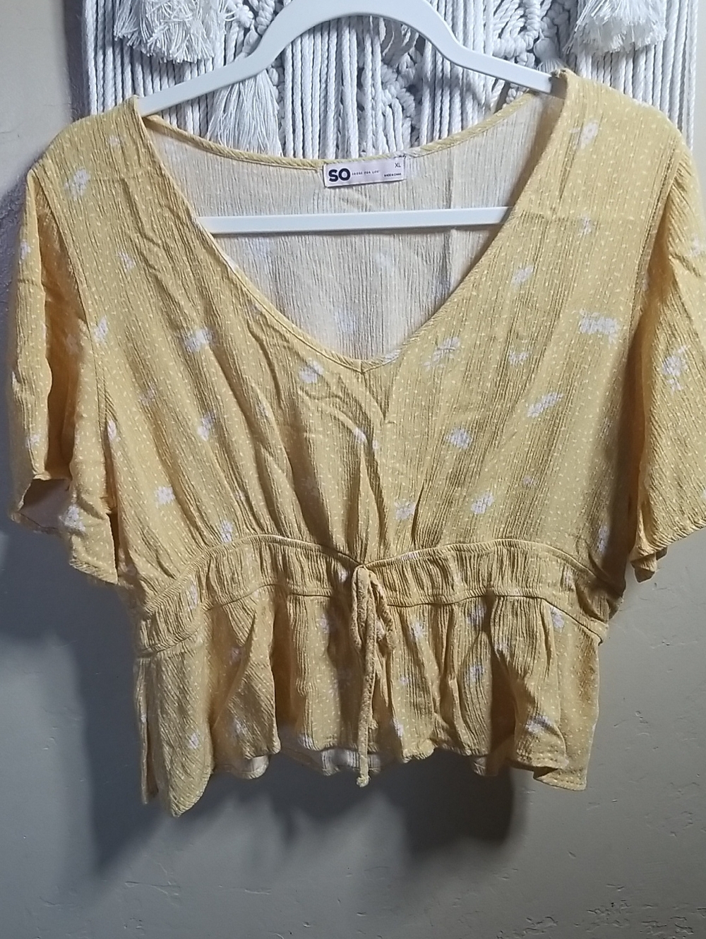 SO Yellow V-Neck Tie-Waist Crop Top with White Spots
